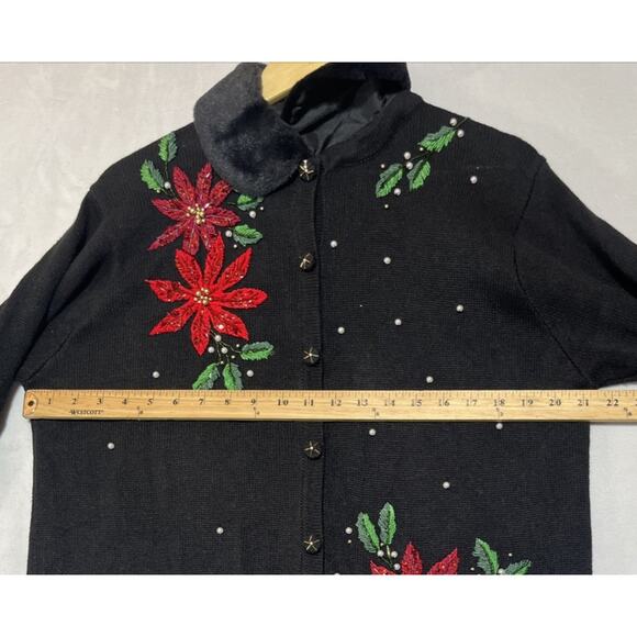 BP Design Knit Holiday Sweater Womens XL Cardigan Poinsettia Embroidered Beaded - Picture 8 of 12